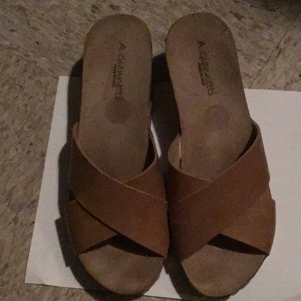 A. Giannetti Wedge Slip-On Leather Sandals •